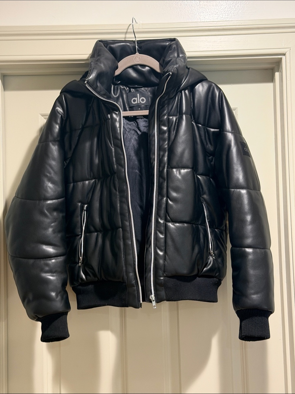ALO Yoga Kids Black Faux-Leather Puffer Jacket with Hood
